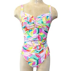 NipTuck Swimsuit One Piece Pink Tropical Print Multi Fit Cup 10